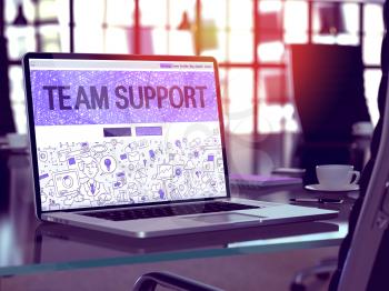 Team Support Concept - Closeup on Landing Page of Laptop Screen in Modern Office Workplace. Toned Image with Selective Focus. 3D Render.