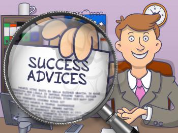 Success Advices. Handsome Officeman in Office Workplace Showing Paper with Text through Lens. Multicolor Doodle Illustration.