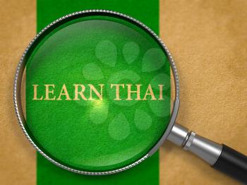 Learn Thai through Loupe on Old Paper with Green Vertical Line Background. 3D Render.
