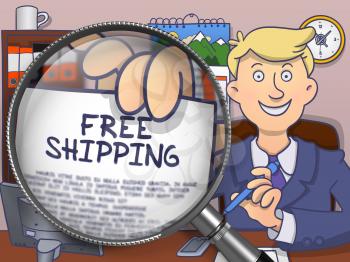 Free Shipping on Paper in Business Man's Hand through Magnifier to Illustrate a Delivery Concept. Colored Doodle Illustration.