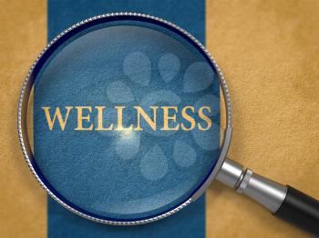 Wellness Concept through Magnifier on Old Paper with Dark Blue Vertical Line Background. 3D Render.