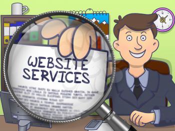 Business Man Holding a Paper with Text Website Services. Closeup View through Magnifying Glass. Multicolor Doodle Illustration.