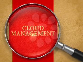 Cloud Management through Magnifying Glass on Old Paper with Red Vertical Line Background. 3D Render.