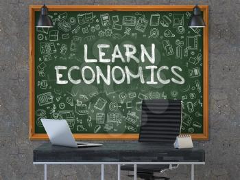 Hand Drawn Learn Economics on Green Chalkboard. Modern Office Interior. Dark Old Concrete Wall Background. Business Concept with Doodle Style Elements. 3D.