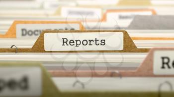 Reports Concept on File Label in Multicolor Card Index. Closeup View. Selective Focus. 3D Render. 