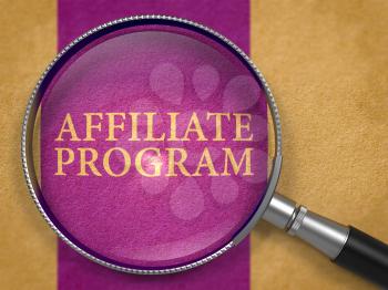 Affiliate Program Concept through Magnifier on Old Paper with Dark Lilac Vertical Line Background. 3D Render.