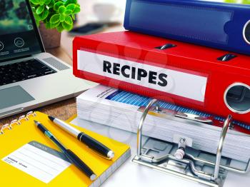 Recipes - Red Ring Binder on Office Desktop with Office Supplies and Modern Laptop. Business Concept on Blurred Background. Toned Illustration. 3D Render.