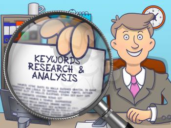 Text on Paper in Businessman's Hand to Illustrate a Keywords Research and Analysis Concept. Closeup View through Magnifying Glass. Multicolor Modern Line Illustration in Doodle Style.