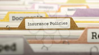 Insurance Policies Concept on File Label in Multicolor Card Index. Closeup View. Selective Focus. 3D Render. 
