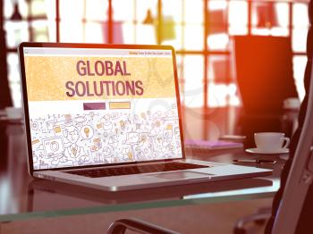 Global Solutions Concept. Closeup Landing Page on Laptop Screen in Doodle Design Style. On Background of Comfortable Working Place in Modern Office. Blurred, Toned Image. 3D Render.