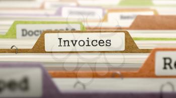 Invoices Concept on Folder Register in Multicolor Card Index. Closeup View. Selective Focus. 3D Render.