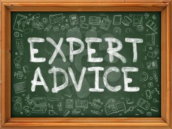 Expert Advice - Hand Drawn on Green Chalkboard with Doodle Icons Around. Modern Illustration with Doodle Design Style.