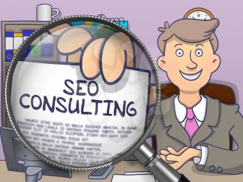 Businessman in Suit Holding a Paper with SEO Consulting Concept. Closeup View through Lens. Colored Modern Line Illustration in Doodle Style.