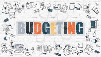 Budgeting Concept. Modern Line Style Illustration. Multicolor Budgeting Drawn on White Brick Wall. Doodle Icons. Doodle Design Style of  Budgeting Concept.