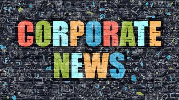 Corporate News. Multicolor Inscription on Dark Brick Wall with Doodle Icons. Corporate News Concept in Modern Style. Doodle Design Icons. Corporate News on Dark Brickwall Background.