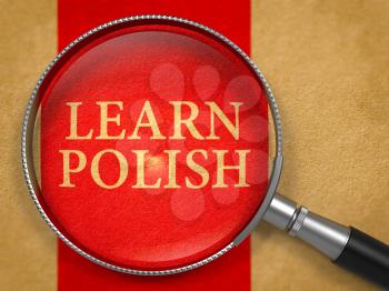 Learn Polish through Magnifying Glass on Old Paper with Red Vertical Line Background. 3D Render.
