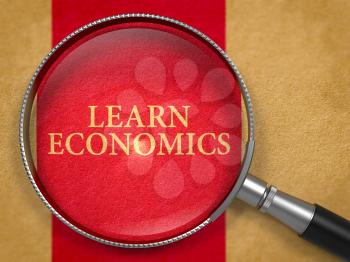 Learn Economics Concept through Magnifier on Old Paper with Dark Red Vertical Line Background. 3D Render.