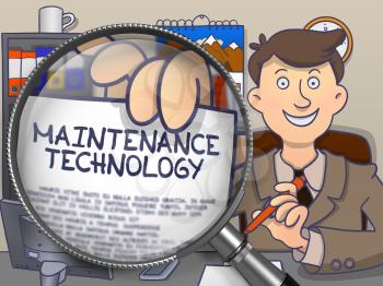 Maintenance Technology. Businessman Shows Paper with Inscription through Magnifying Glass. Multicolor Modern Line Illustration in Doodle Style.