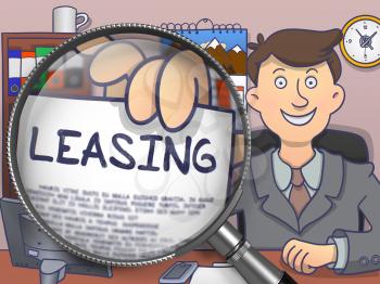 Business Man in Office Workplace Holding a Paper with Business Concept - Leasing. Closeup View through Magnifying Glass. Multicolor Modern Line Illustration in Doodle Style.