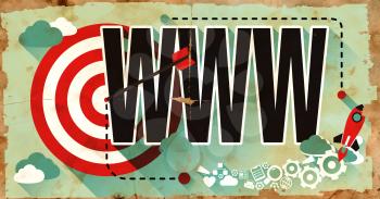 WWW - World Wide Web - Concept on Old Poster in Flat Design with Red Target, Rocket and Arrow. Internet Concept.