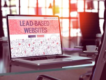Lead-Based Websites Concept. Closeup Landing Page on Laptop Screen in Doodle Design Style. On Background of Comfortable Working Place in Modern Office. Blurred, Toned Image. 3D Render.
