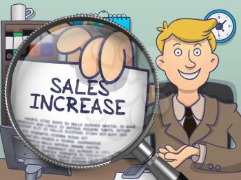 Sales Increase. Officeman Showing Paper with Inscription through Lens. Colored Doodle Illustration.