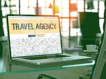 Travel Agency Concept. Closeup Landing Page on Laptop Screen in Doodle Design Style. On Background of Comfortable Working Place in Modern Office. Blurred, Toned Image. 3D Render.