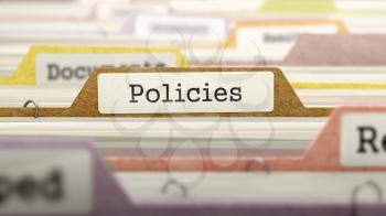 Policies Concept on File Label in Multicolor Card Index. Closeup View. Selective Focus. 3D Render. 