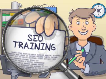SEO Training. Businessman Shows Paper with Inscription through Magnifying Glass. Multicolor Doodle Illustration.