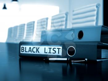 File Folder with Inscription Black List on Desktop. Black List - Business Concept on Blurred Background. Black List - Binder on Desktop. 3D Render.