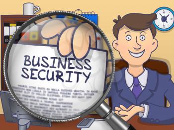 Business Security. Concept on Paper in Man's Hand through Magnifier. Colored Doodle Style Illustration.