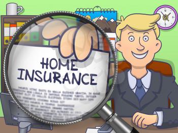 Home Insurance. Paper with Text in Officeman's Hand through Magnifier. Multicolor Modern Line Illustration in Doodle Style.