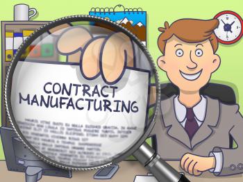 Contract Manufacturing. Text on Paper in Business Man's Hand through Magnifier. Colored Doodle Illustration.