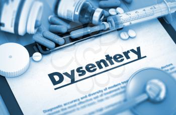 Dysentery - Printed Diagnosis with Blurred Text. Dysentery Diagnosis, Medical Concept. Composition of Medicaments. 3D. Toned Image.
