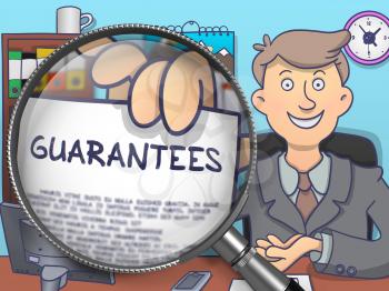 Guarantees. Business Man Holds Out a Concept on Paper through Magnifying Glass. Multicolor Doodle Style Illustration.