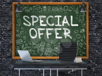 Special Offer - Handwritten Inscription by Chalk on Green Chalkboard with Doodle Icons Around. Business Concept in the Interior of a Modern Office on the Dark Brick Wall Background. 3D.