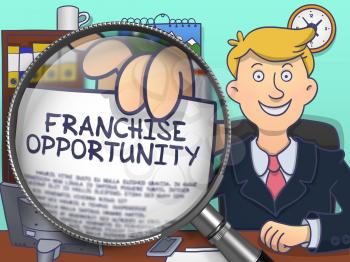 Franchise Opportunity on Paper in Man's Hand to Illustrate a Business Concept. Closeup View through Magnifying Glass. Colored Doodle Illustration.