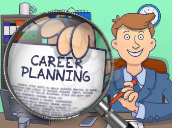 Career Planning on Paper in Officeman's Hand to Illustrate a Personal Development Concept. Closeup View through Magnifier. Multicolor Doodle Style Illustration.