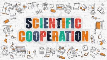 Scientific Cooperation Concept. Modern Line Style Illustration. Multicolor Scientific Cooperation Drawn on White Brick Wall. Doodle Icons. Doodle Design Style of  Scientific Cooperation  Concept.