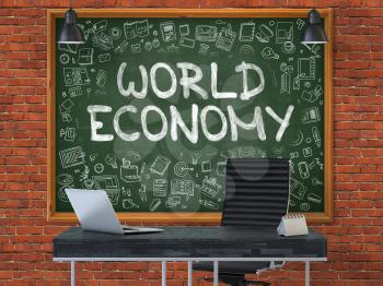 Green Chalkboard with the Text World Economy Hangs on the Red Brick Wall in the Interior of a Modern Office. Illustration with Doodle Style Elements. 3D.