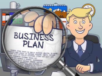 Businessman in Suit Holding a Paper with Business Plan Concept through Magnifying Glass. Closeup View. Colored Doodle Illustration.
