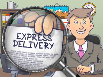 Man in Suit Showing Offer on Paper - Express Delivery - through Magnifier. Closeup View. Multicolor Doodle Illustration.