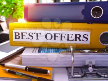 Best Offers - Yellow Office Folder on Background of Working Table with Stationery and Laptop. Best Offers Business Concept on Blurred Background. Best Offers Toned Image. 3D.