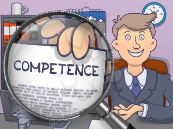 Officeman Holds Out Business Concept on Paper - Competence. Closeup View through Magnifying Glass. Multicolor Doodle Illustration.