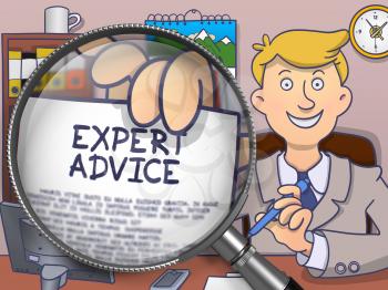 Expert Advice. Happy Business Consultant Welcomes in Office and Showing Paper with Offer through Lens. Colored Doodle Style Illustration.
