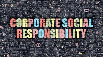 Corporate Social Responsibility Concept. Corporate Social Responsibility Drawn on Dark Brick Wall. Corporate Social Responsibility Concept in Multicolor Modern Doodle Style.