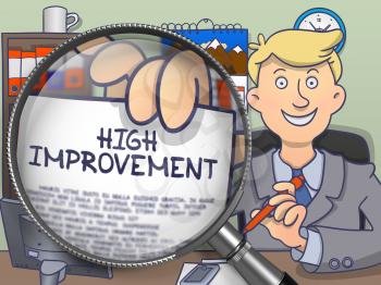 Business Man Shows Text High Improvement on Paper. Closeup View through Magnifier. Colored Modern Line Illustration in Doodle Style.