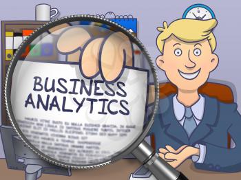 Business Analytics through Magnifying Glass. Man Showing Paper with Concept. Closeup View. Colored Doodle Illustration.