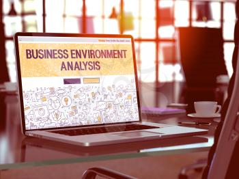 Business Environment Analysis Concept - Closeup on Landing Page of Laptop Screen in Modern Office Workplace. Toned Image with Selective Focus. 3D Render.