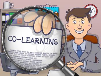 Co-Learning. Successful Businessman in Office Workplace Shows Paper with Education Concept through Magnifier. Multicolor Doodle Illustration.